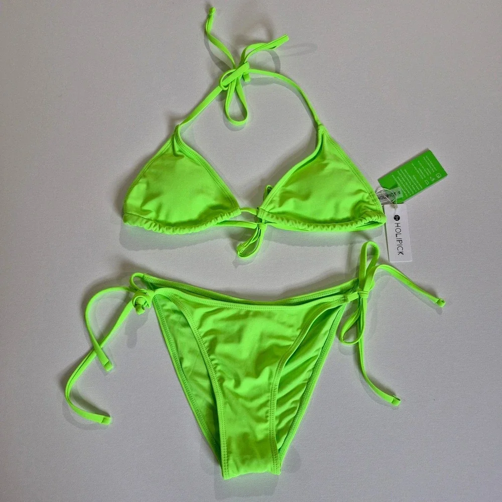 Holipick Womens Neon Lime Green‎ Triangle Side Tie Bikini Swimsuit Set XS NWT